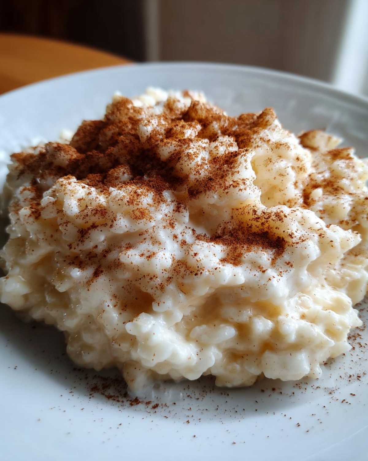 Close-up of a serving of creamy rice pudding recipe generously dusted with ground cinnamon.