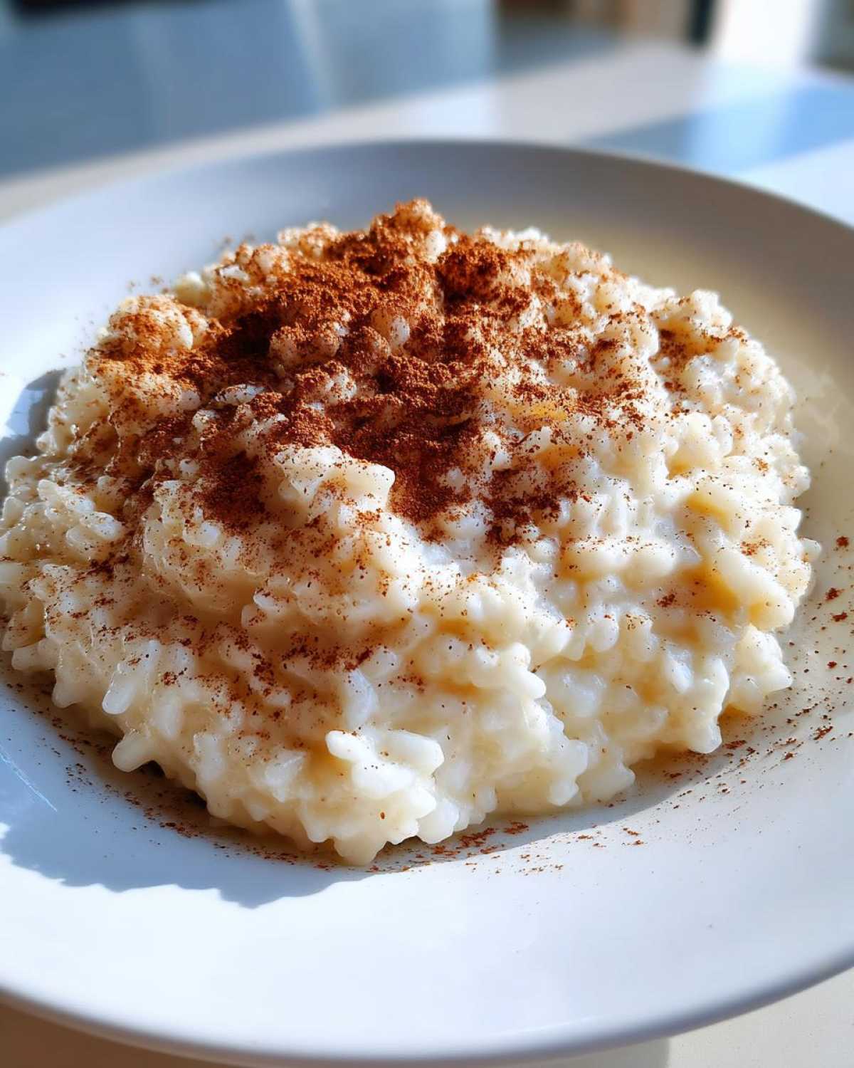A close-up of creamy rice pudding recipe served in a white bowl, generously dusted with ground cinnamon.