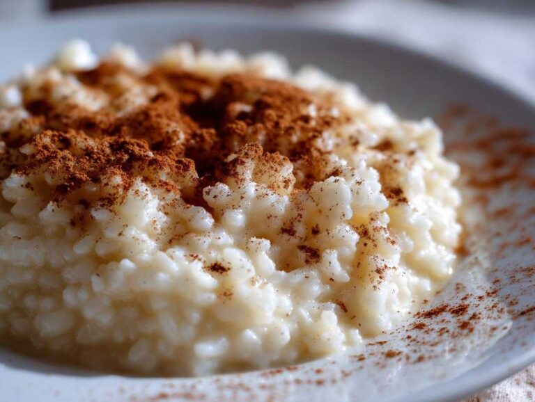 Close-up of creamy rice pudding recipe served in a white bowl and generously dusted with ground cinnamon.