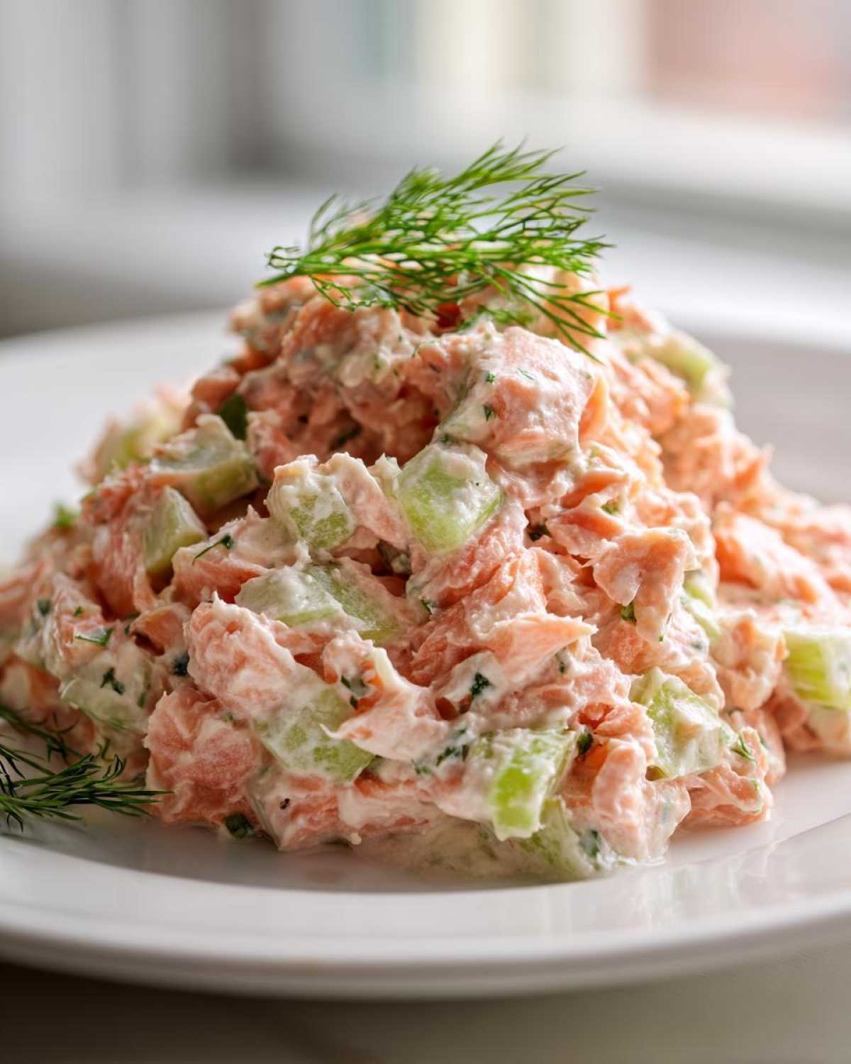 Close-up of a mound of creamy salmon salad mixed with celery and topped with fresh dill.