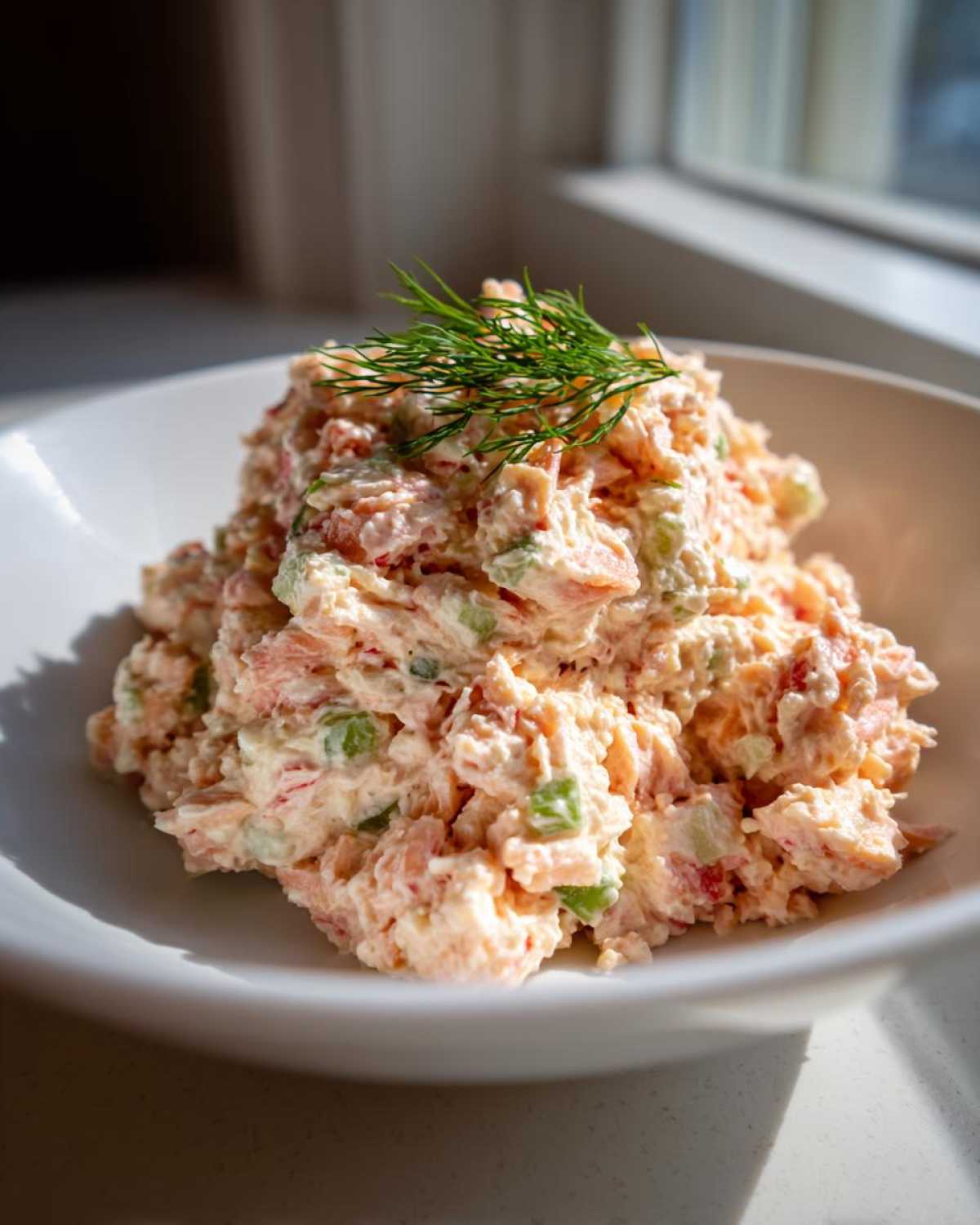 A mound of creamy salmon salad mixed with celery and herbs, topped with fresh dill, served in a white bowl.