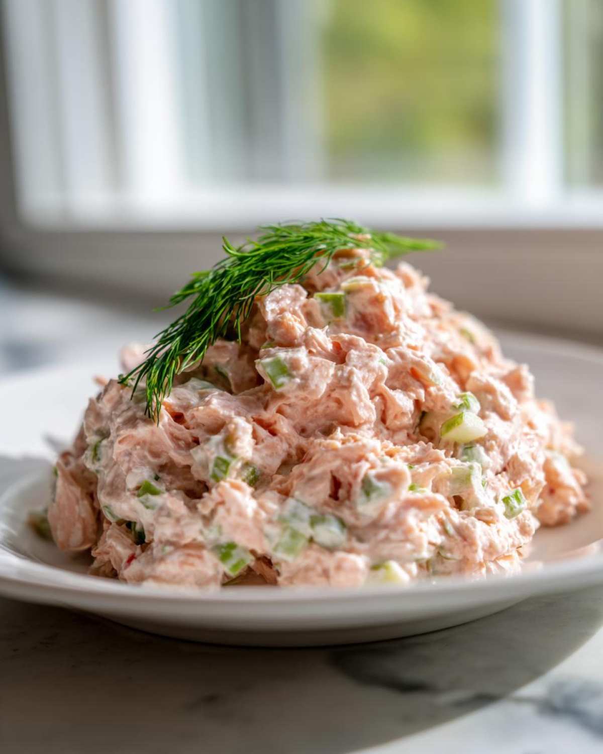 A mound of creamy salmon salad mixed with celery, garnished with fresh dill, served on a white plate.
