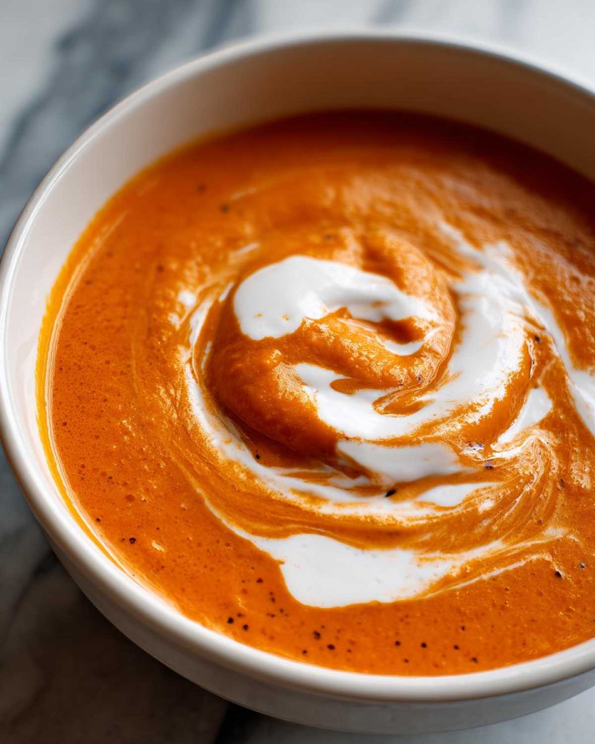 Close-up of a bowl of rich orange tomato bisque topped with a swirl of white cream.