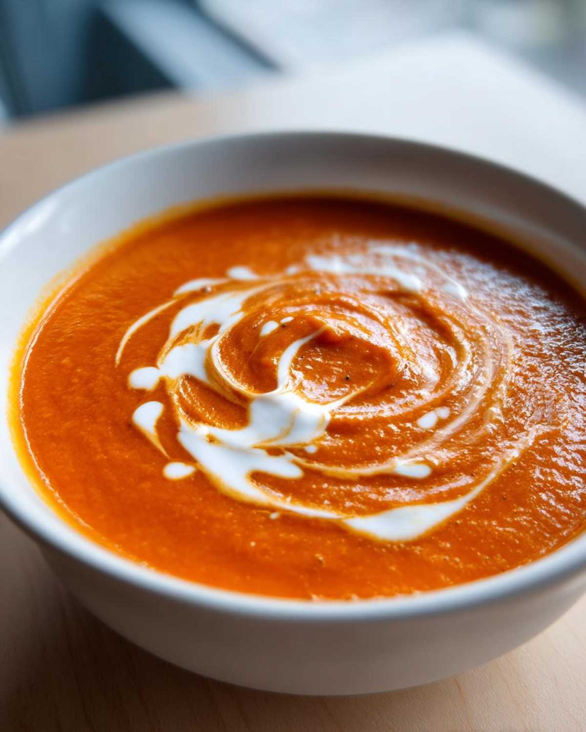 Close-up of a vibrant orange tomato bisque topped with a decorative swirl of white cream.
