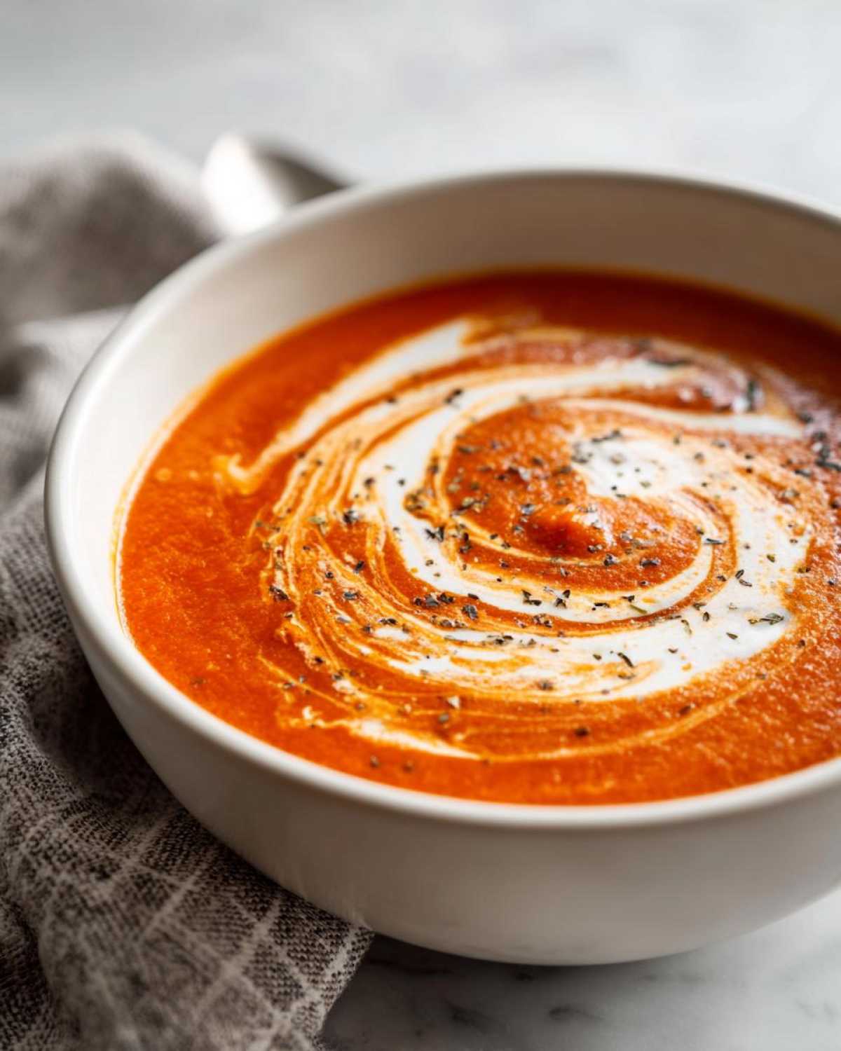 Close-up of a bowl of rich, orange tomato bisque topped with a swirl of cream and dried herbs.