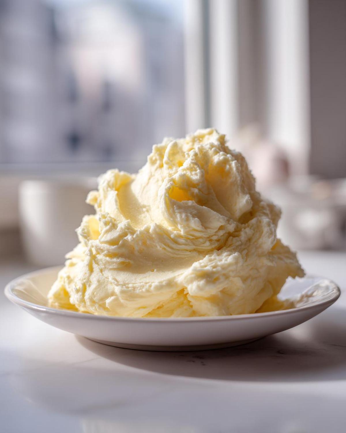 A large swirl of incredibly creamy, light yellow mashed potatoes served on a small white plate.
