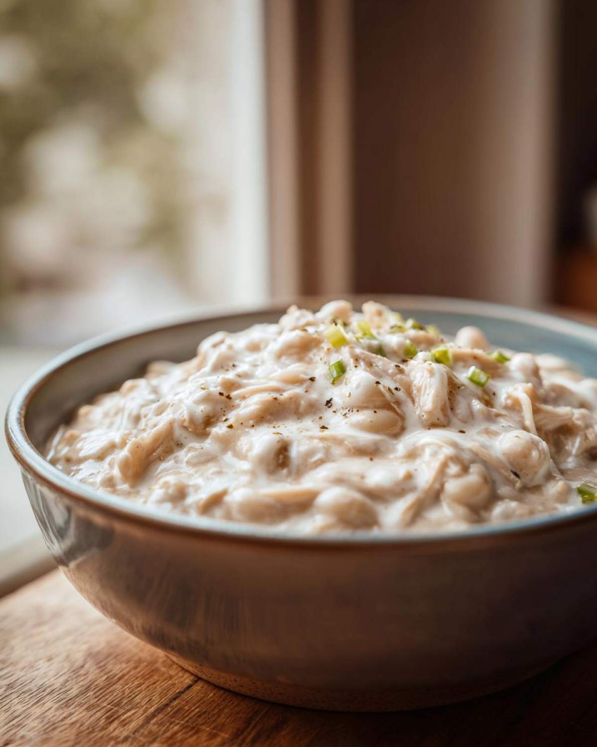 Close-up of a creamy white chicken chili with beans and shredded chicken, topped with chives.