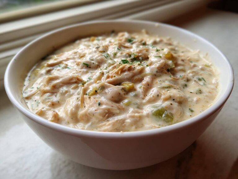 A close-up of a white bowl filled with creamy, shredded chicken chili, garnished with herbs.