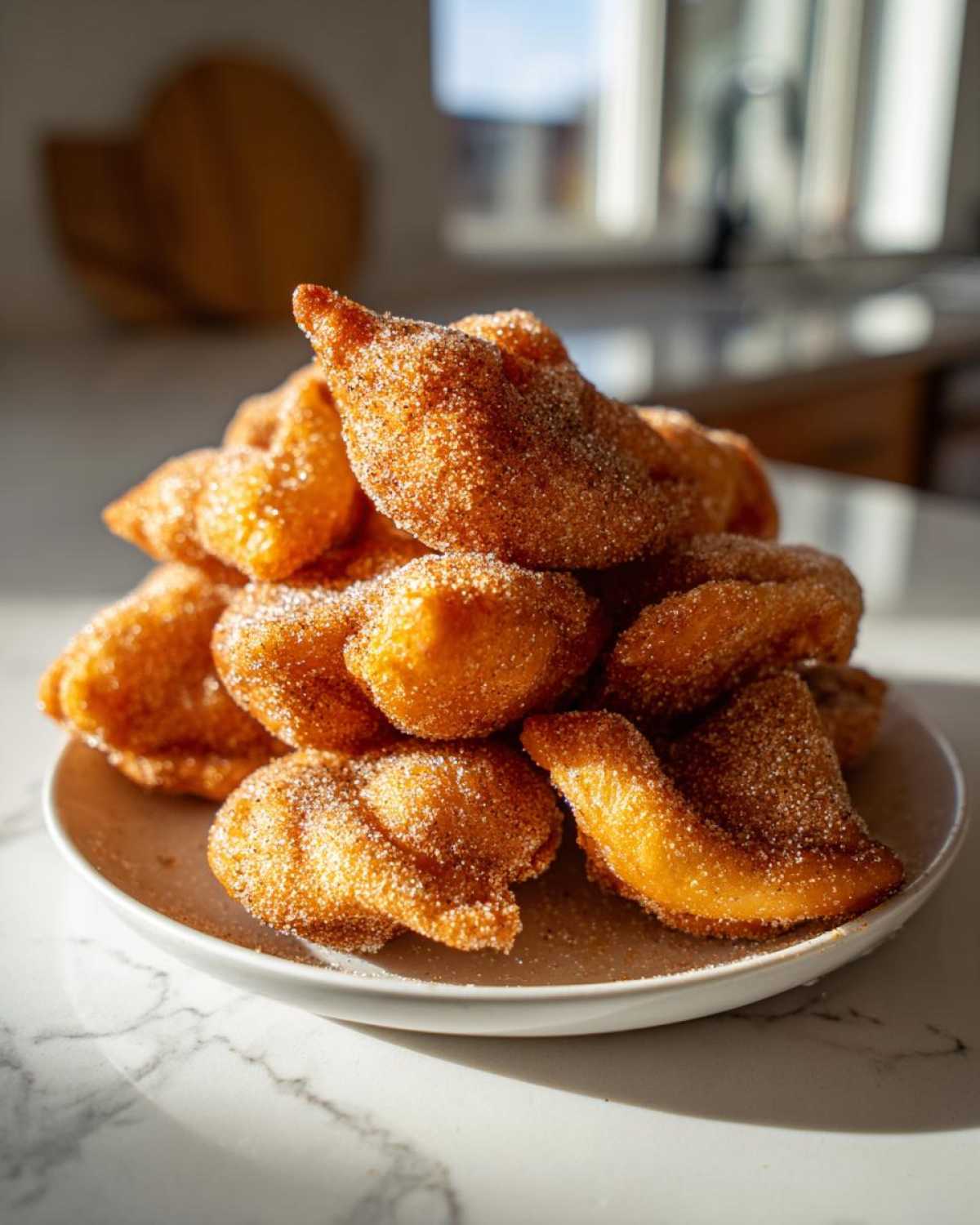 A close-up of a tall pile of golden brown, sugar-coated buñuelos resting on a white plate.