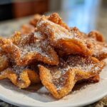 A close-up of freshly fried buñuelos piled high on a white plate, heavily dusted with granulated sugar.