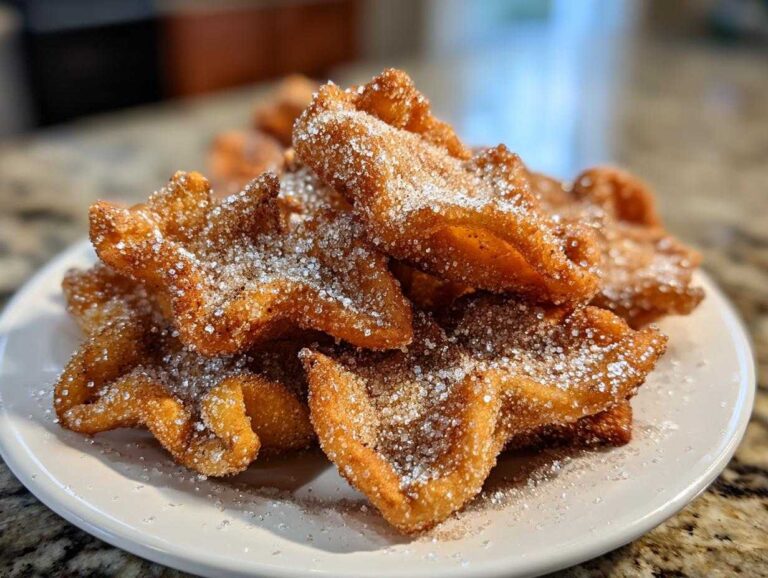 A close-up of freshly fried buñuelos piled high on a white plate, heavily dusted with granulated sugar.