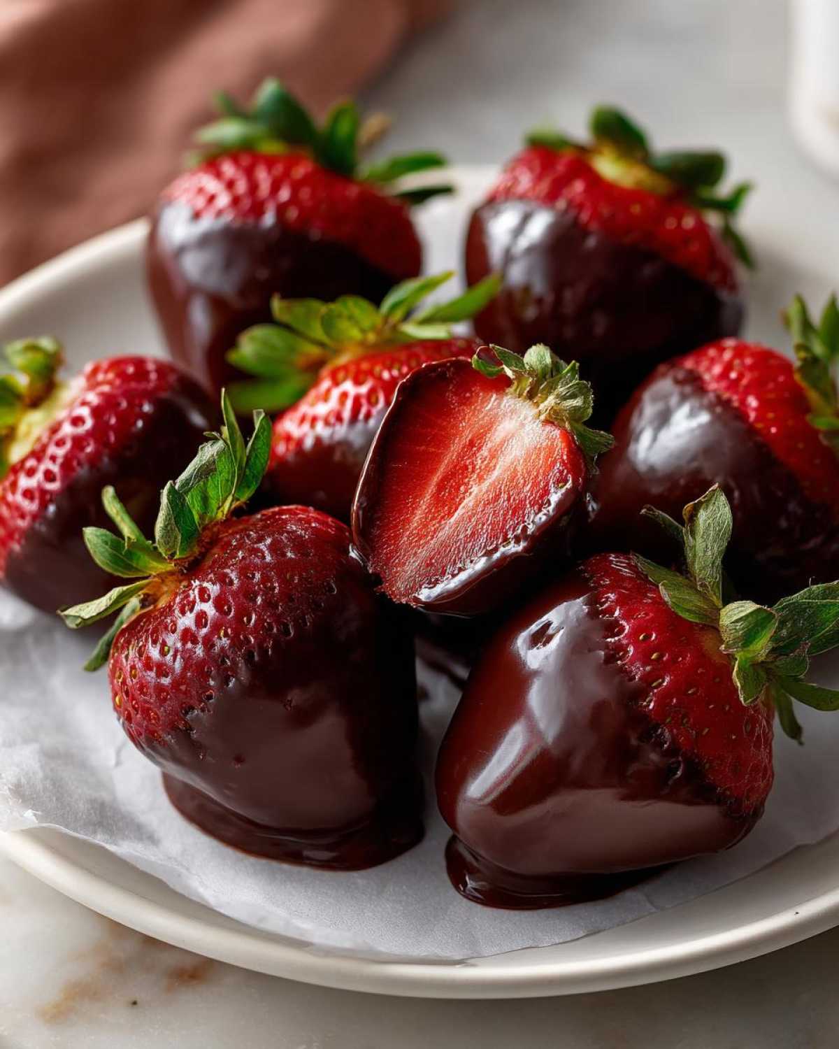 A close-up of several glossy chocolate covered strawberries on a white plate, one is cut in half.