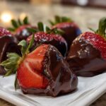 A close-up of several fresh chocolate covered strawberries, one cut in half to show the bright red interior.