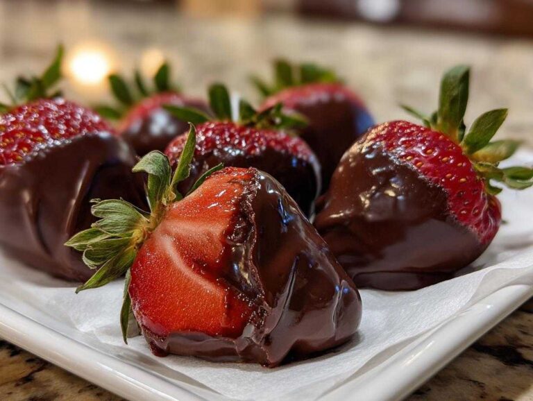 A close-up of several fresh chocolate covered strawberries, one cut in half to show the bright red interior.