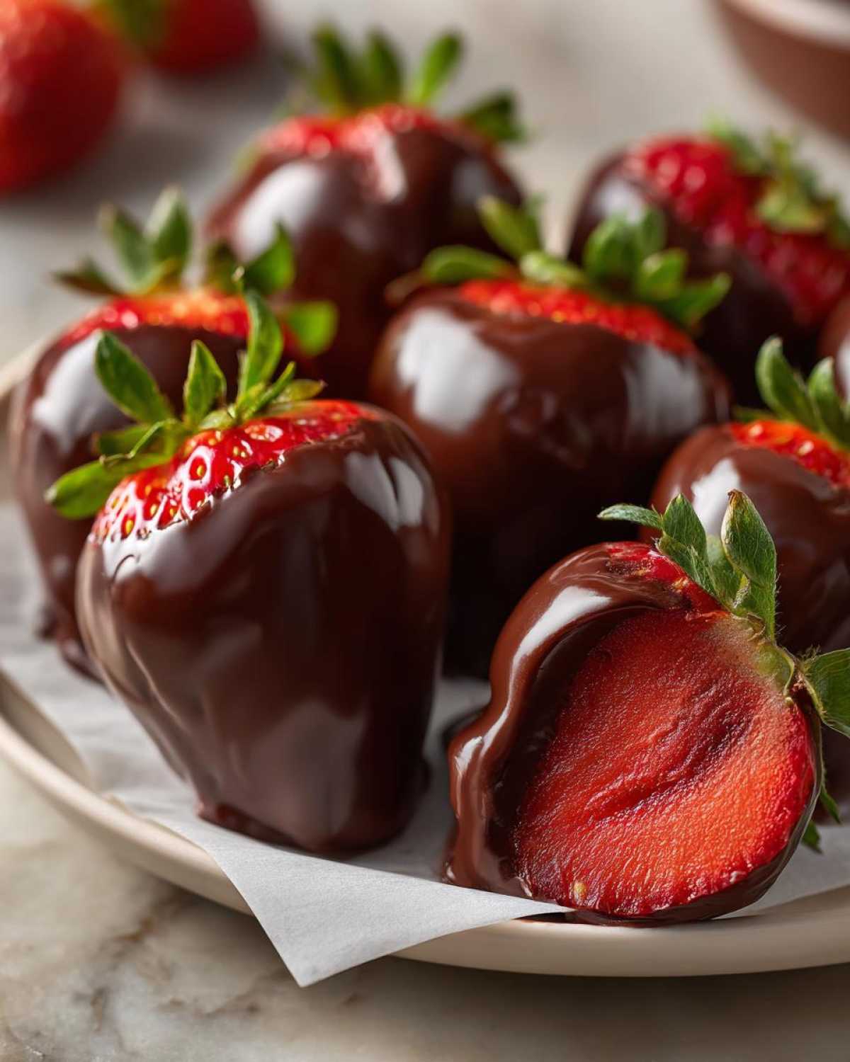 Close-up of several rich chocolate covered strawberries, one cut in half showing the bright red interior.