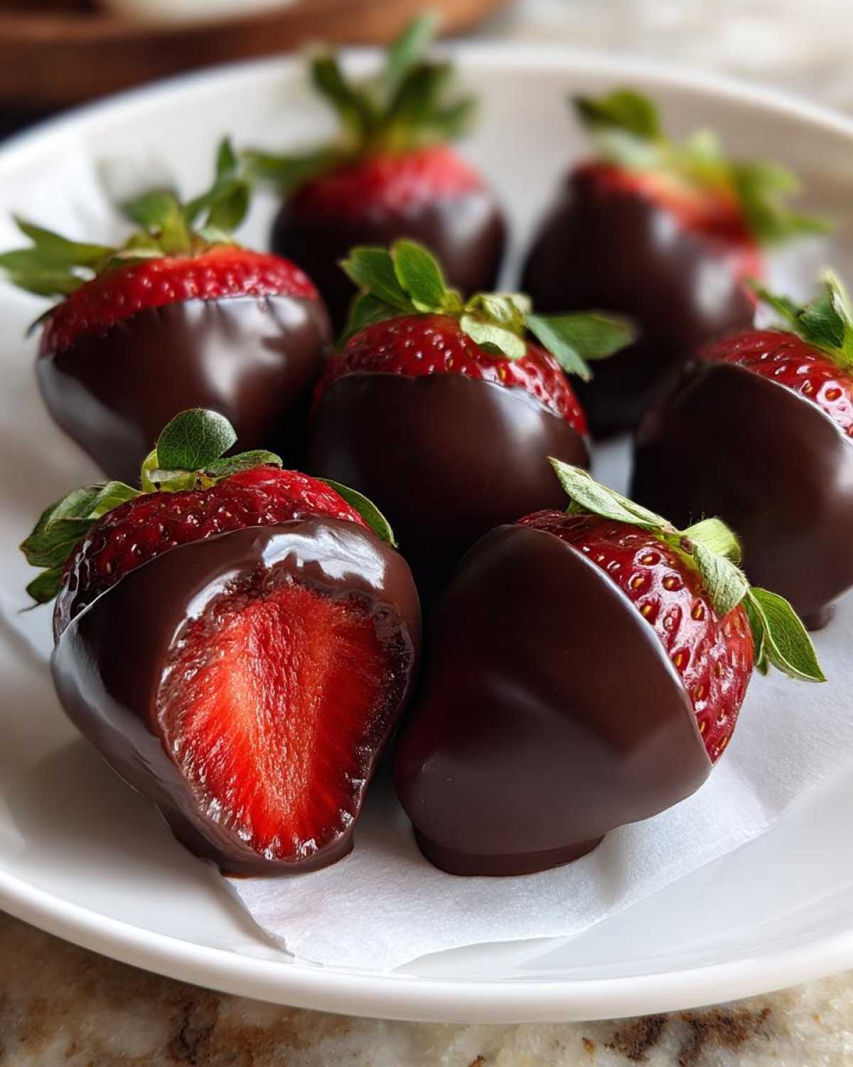 A plate of glossy chocolate covered strawberries, one cut in half showing the bright red interior.