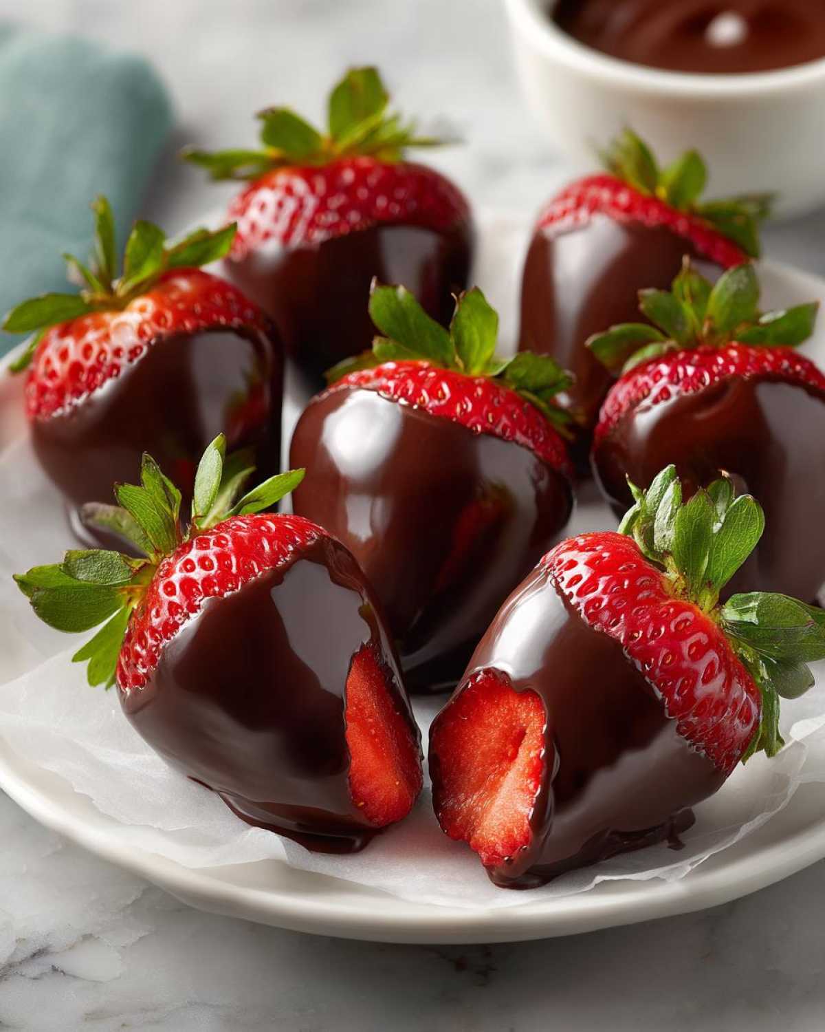 A plate of glossy, dark chocolate covered strawberries, with one cut in half showing the red interior.