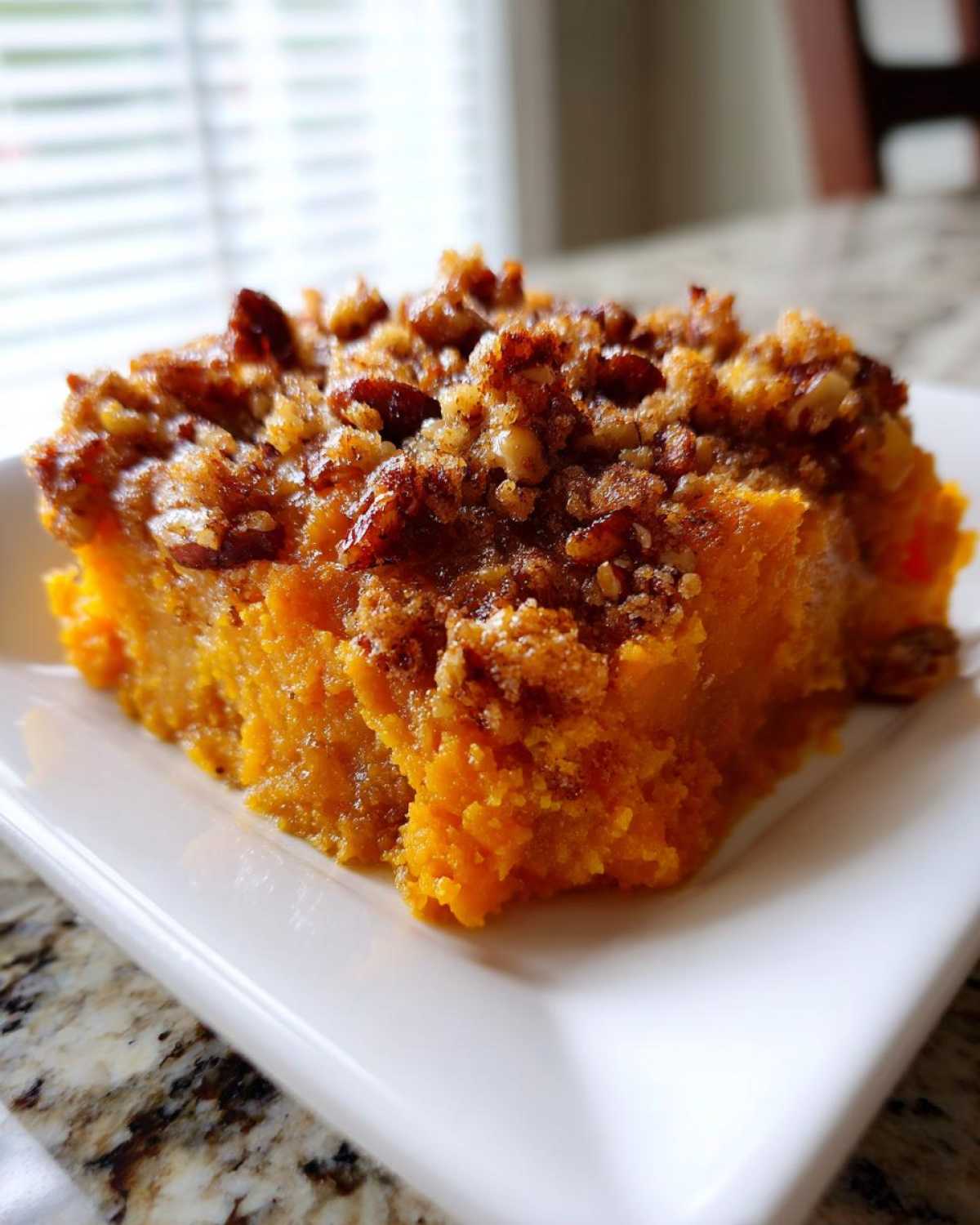 A close-up of a square serving of easy sweet potato casserole topped with a crunchy pecan streusel.