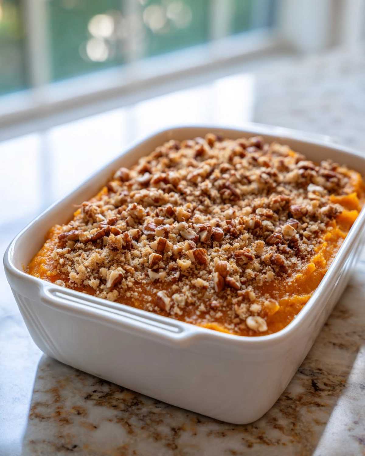 A baked easy sweet potato casserole in a white dish topped with crunchy pecans.