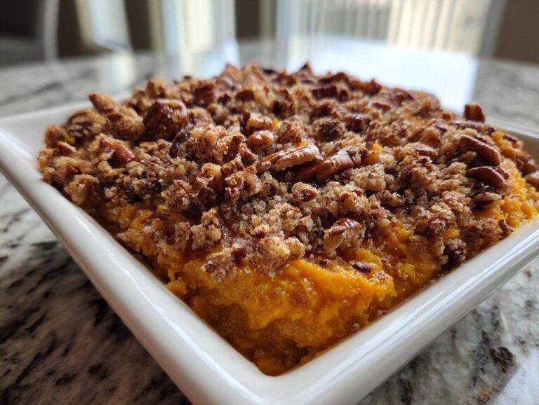 Close-up of a rich, orange easy sweet potato casserole topped generously with a brown sugar and pecan crumble.