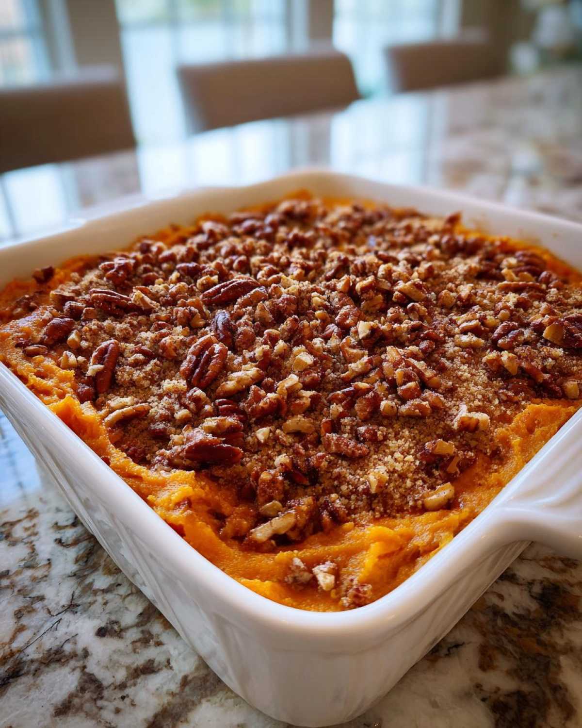 A baked easy sweet potato casserole topped with a crunchy pecan and brown sugar streusel in a white baking dish.