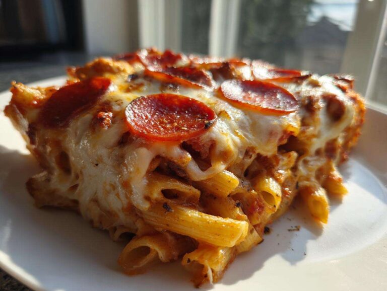 A close-up, featured shot of a hearty slice of pizza pasta bake topped with melted mozzarella and pepperoni slices.