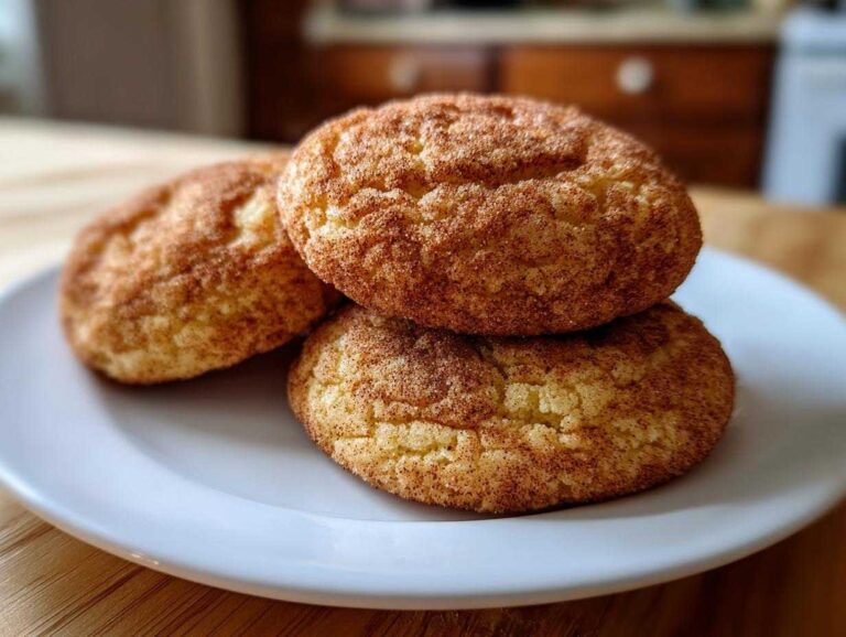 Three soft, chewy snickerdoodles generously coated in cinnamon sugar, stacked on a white plate.