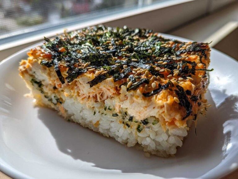 A close-up slice of baked rice, creamy topping, and salmon, garnished with shredded nori and sesame seeds for sushi bake.
