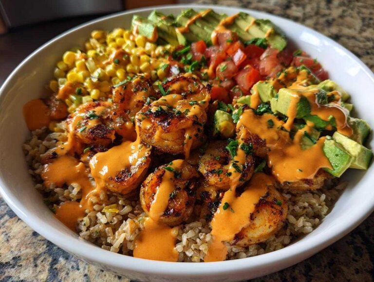 Overhead view of a vibrant shrimp bowl featuring seasoned shrimp, brown rice, corn, avocado, and a creamy orange sauce.