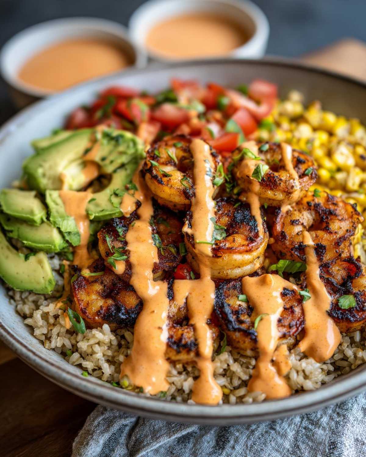 Close-up of a delicious shrimp bowl featuring grilled shrimp, avocado, corn, tomatoes, and a creamy orange sauce over brown rice.