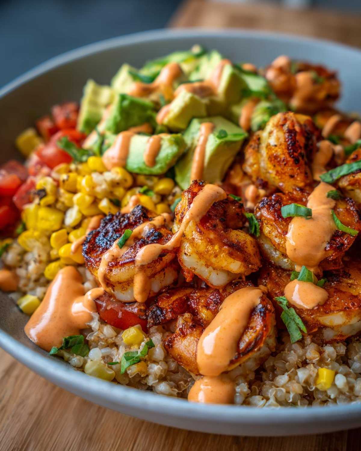 Close-up of a flavorful shrimp bowl featuring seasoned shrimp, quinoa, corn, avocado, and a creamy orange sauce.
