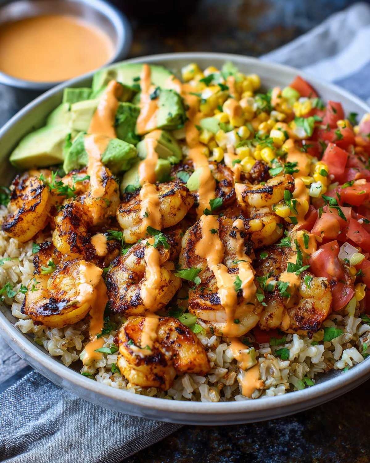 Close-up of a flavorful shrimp bowl featuring grilled shrimp, brown rice, avocado, corn salsa, and a creamy orange drizzle.