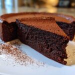 A close-up of a slice of dense flourless chocolate torte dusted heavily with cocoa powder, served on a white plate.