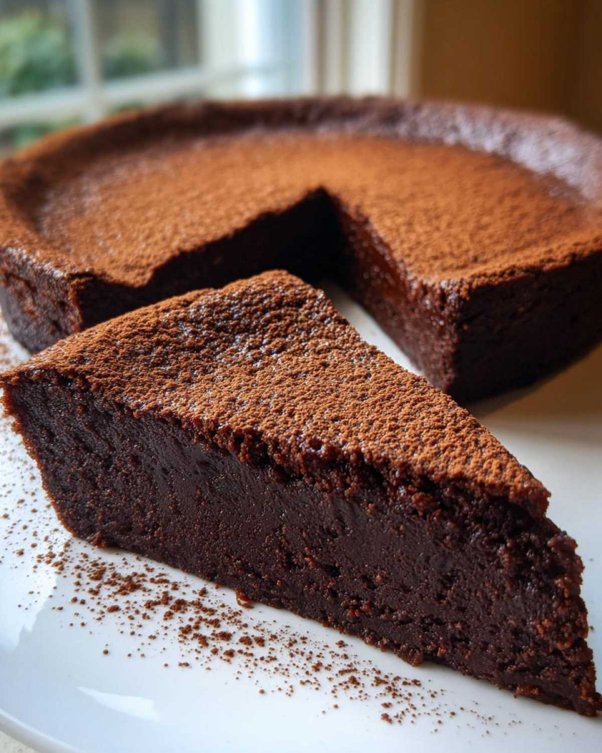 A rich, dense slice of flourless chocolate torte dusted heavily with cocoa powder, set against the whole cake.