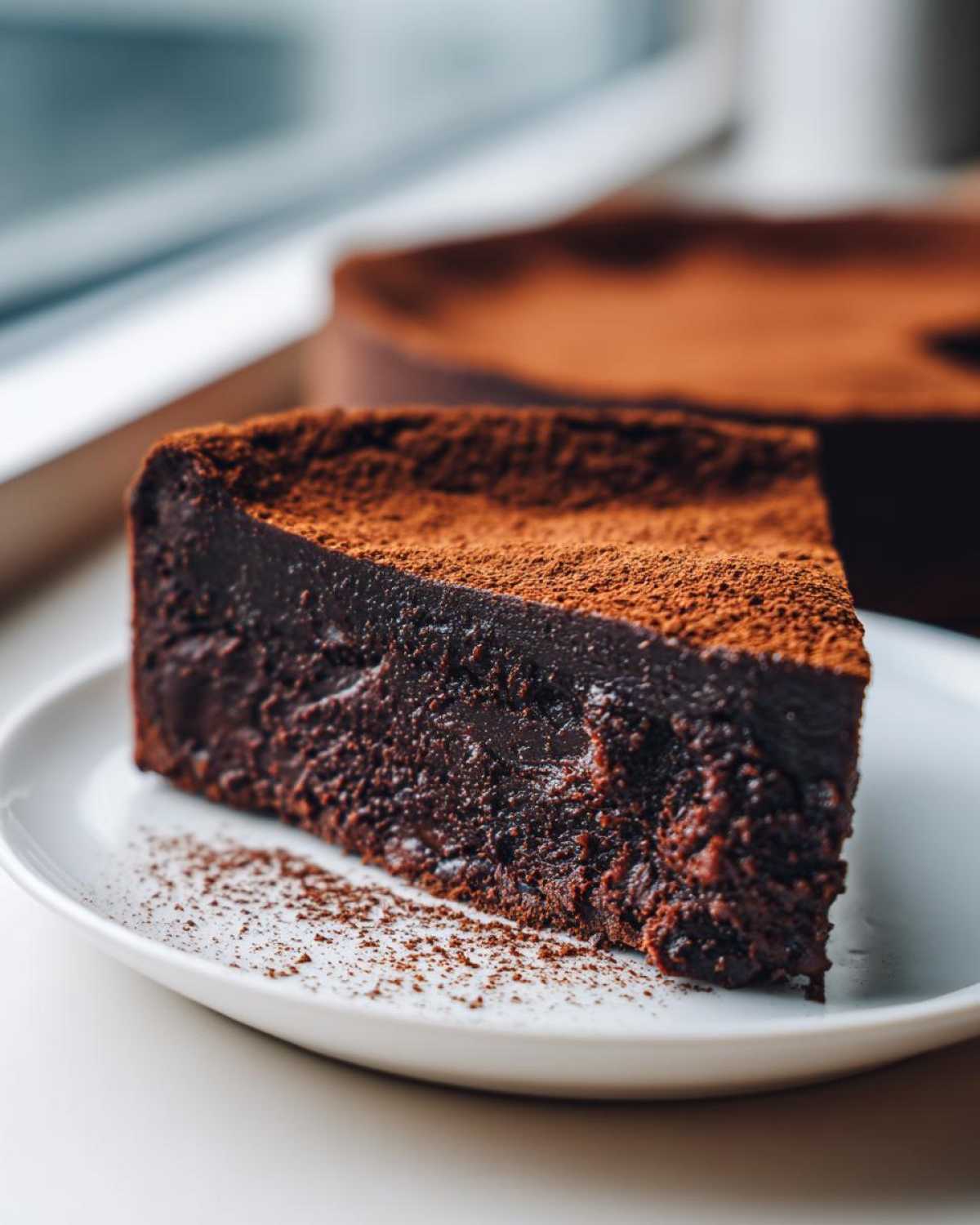 A decadent slice of flourless chocolate torte, intensely dark and dusted heavily with cocoa powder, served on a white plate.