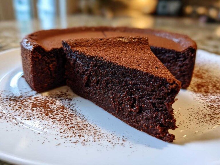 A close-up of a slice of dense flourless chocolate torte dusted heavily with cocoa powder, served on a white plate.
