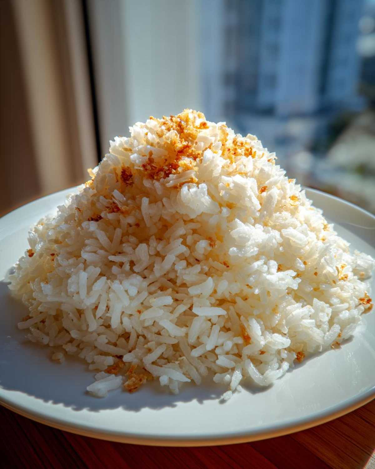 A mound of fluffy white butter rice topped with golden brown crispy bits, served on a white plate.