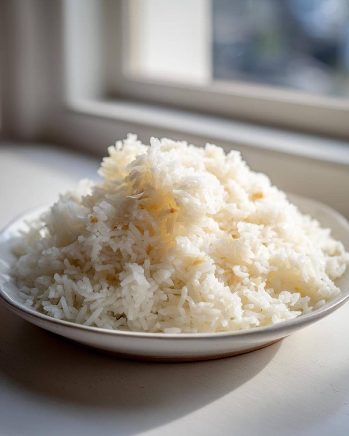 A mound of fluffy, white butter rice served in a shallow white bowl, brightly lit by a window.