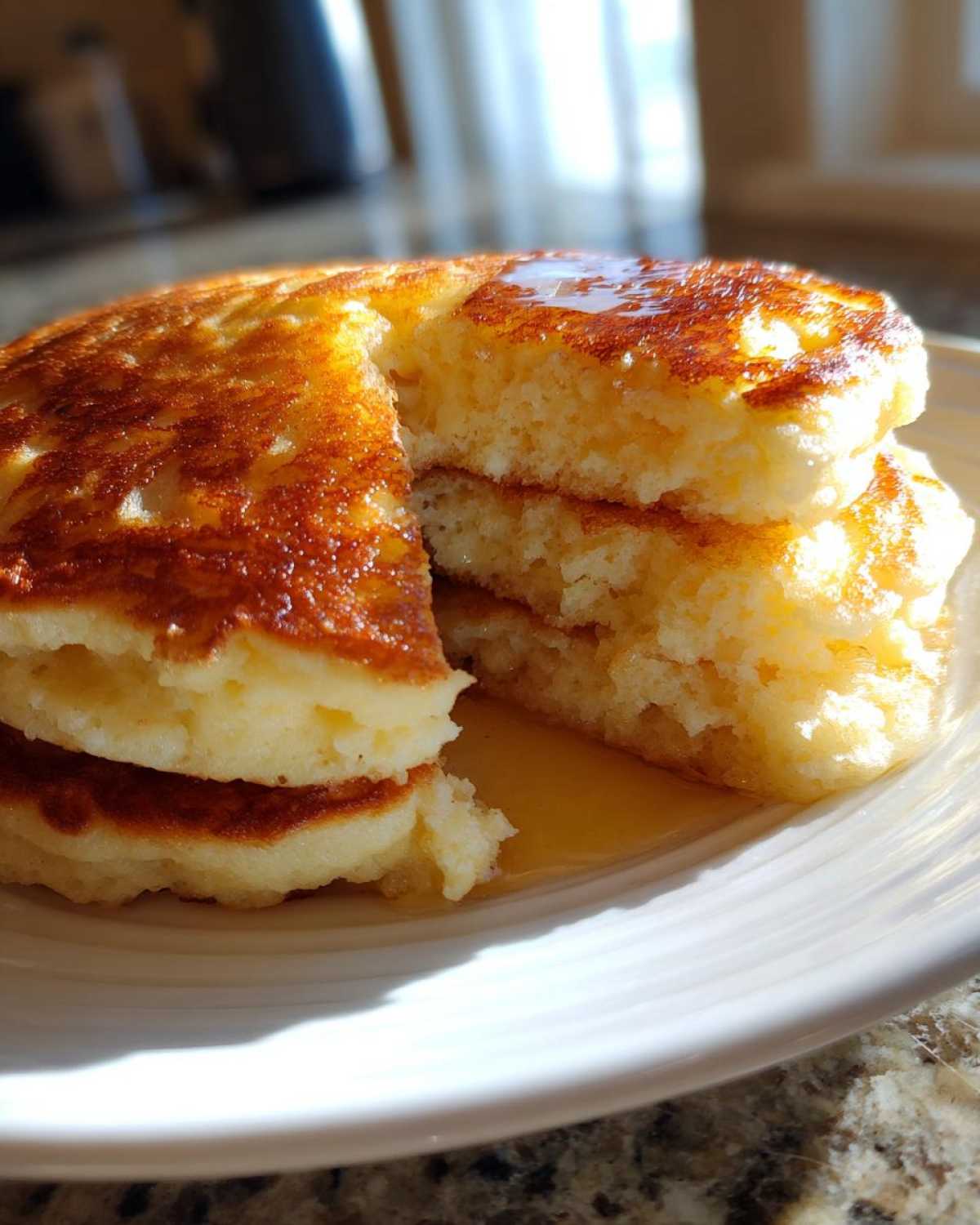 Close-up of a stack of fluffy coconut flour pancakes, cut to show the interior texture, drizzled with syrup.