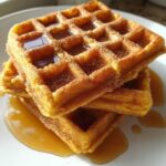 A stack of three fluffy pumpkin waffles dusted with cinnamon sugar and drizzled with syrup.