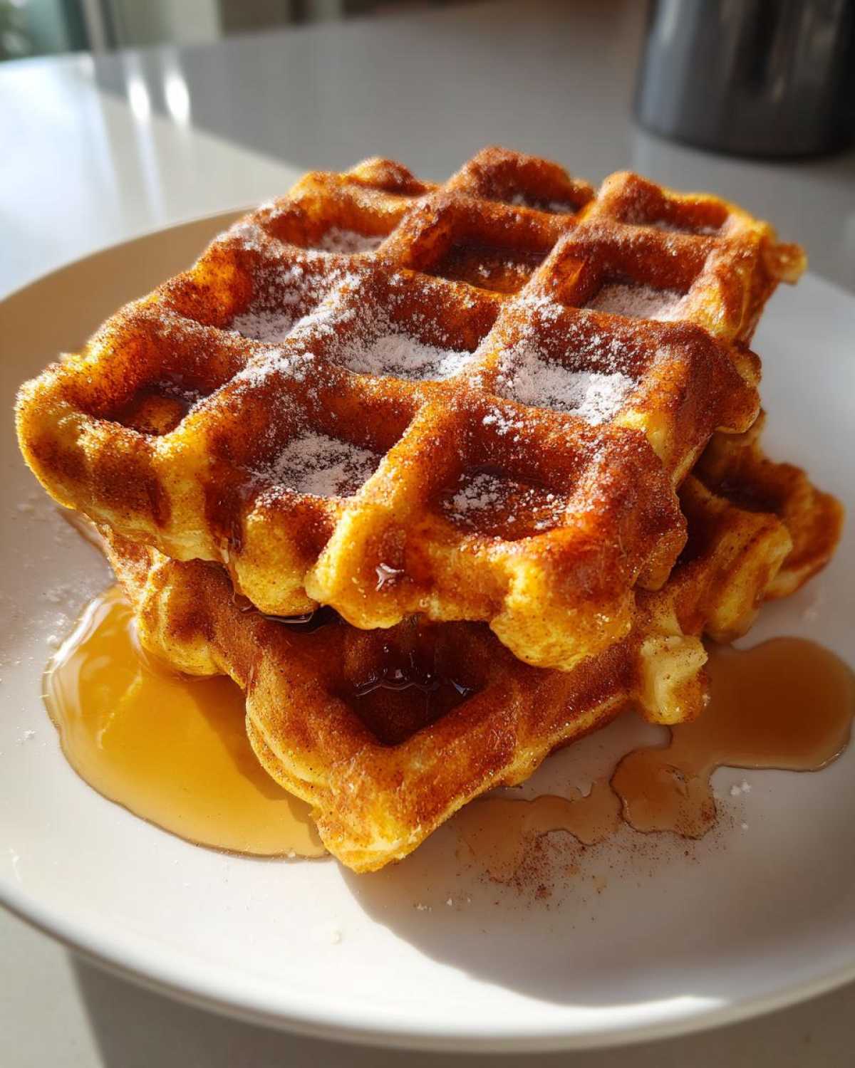 Close-up of a stack of golden brown pumpkin waffles dusted with powdered sugar and drizzled with maple syrup.
