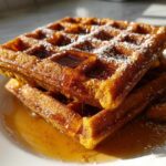 A stack of golden brown pumpkin waffles drizzled with syrup and dusted with powdered sugar.