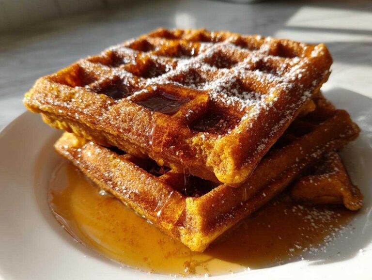 A stack of golden brown pumpkin waffles drizzled with syrup and dusted with powdered sugar.