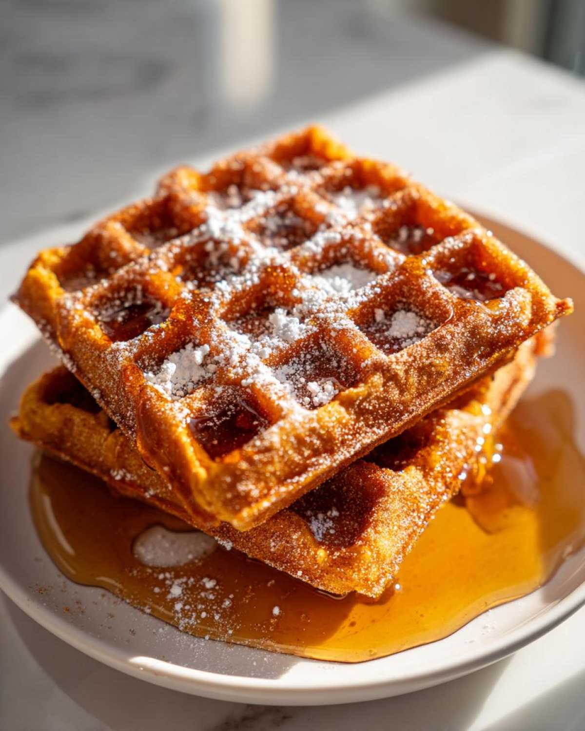 Close-up of two stacked, golden-brown pumpkin waffles dusted with powdered sugar and sitting in maple syrup.