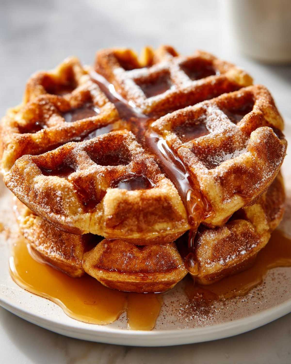 Close-up of a stack of fluffy pumpkin waffles drizzled with syrup and dusted with powdered sugar.