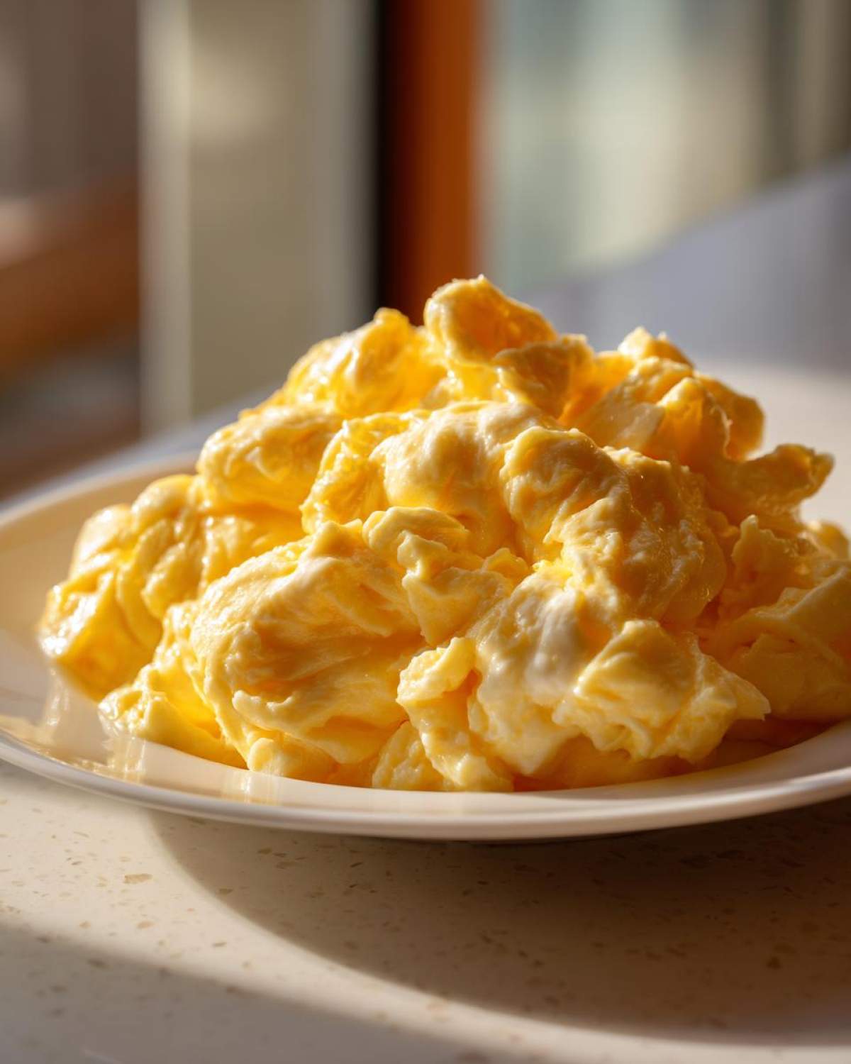 A close-up of a large serving of incredibly fluffy, creamy scrambled eggs on a white plate.