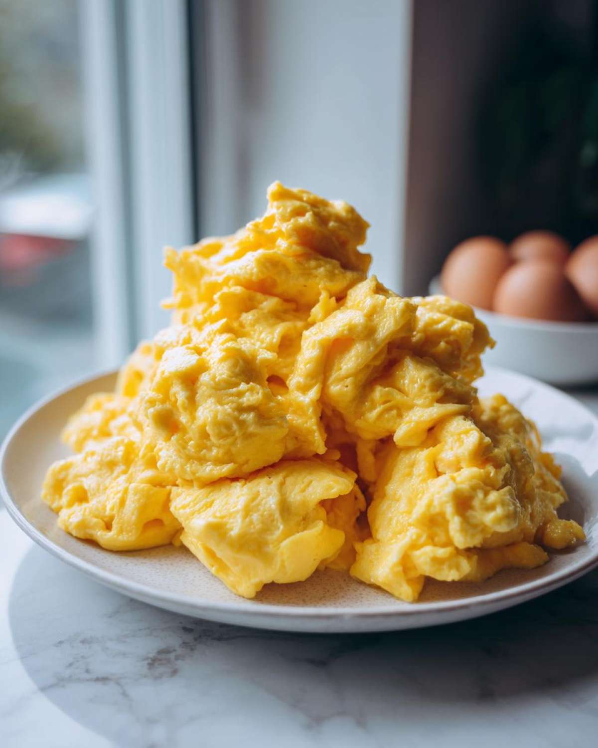 A large, fluffy mound of bright yellow scrambled eggs served on a white speckled plate.