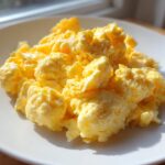 A close-up of perfectly fluffy, bright yellow scrambled eggs piled high on a white plate, lit by natural sunlight.