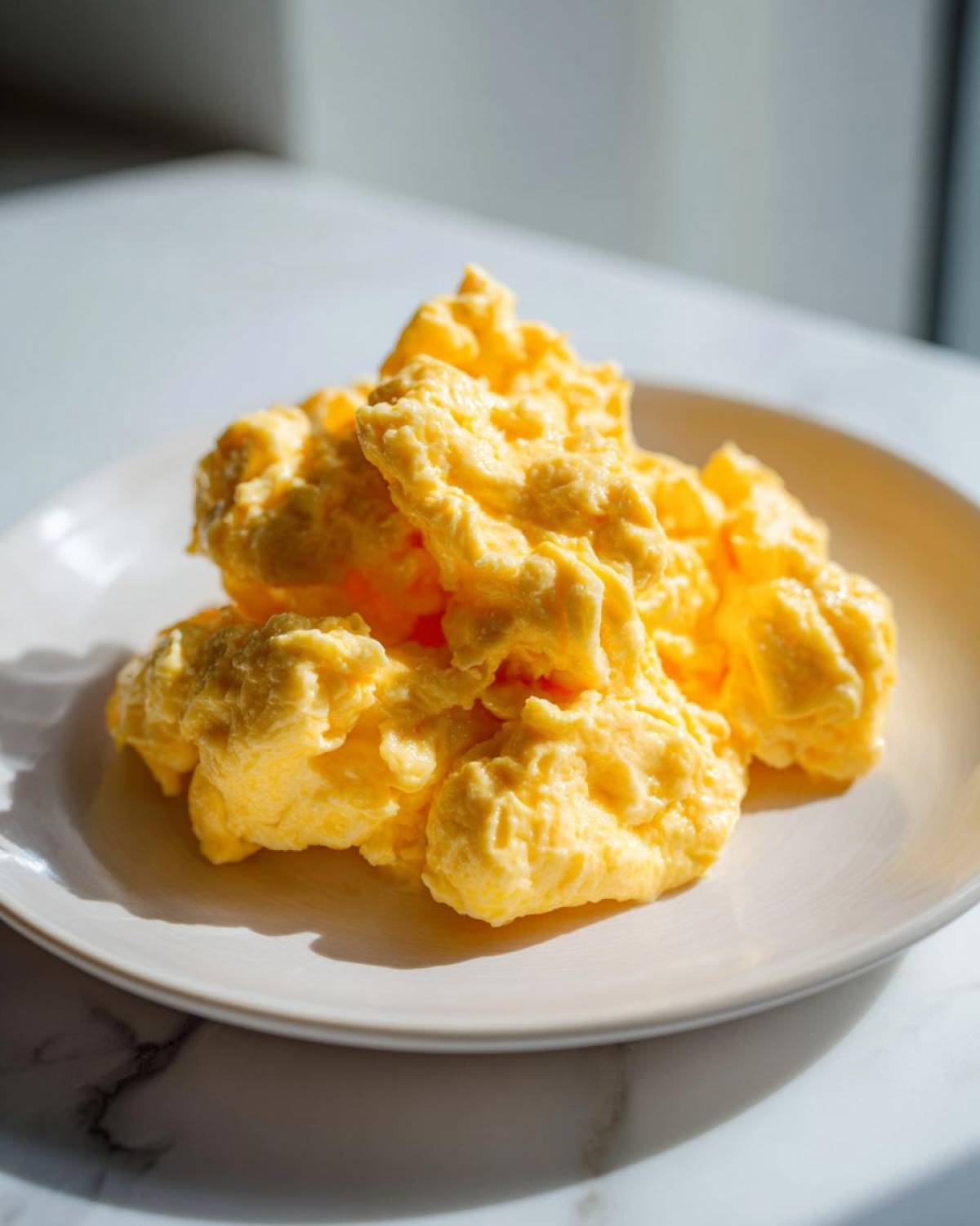 A close-up of perfectly fluffy scrambled eggs piled high on a light-colored plate.