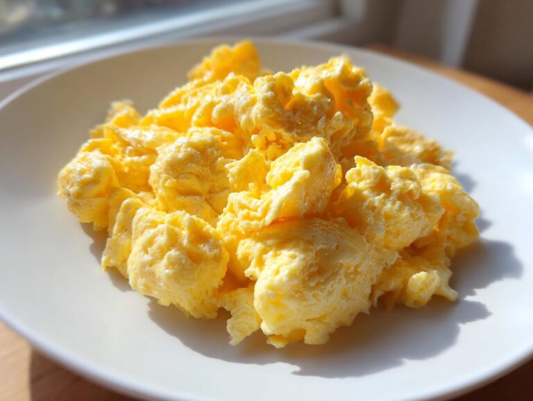 A close-up of perfectly fluffy, bright yellow scrambled eggs piled high on a white plate, lit by natural sunlight.